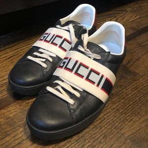 GUCCI ACE STRIPE LEATHER 'BLACK' BLACK/RED